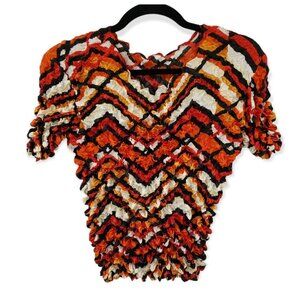 Vintage 90s Popcorn Scrunchy Crinkle Top Orange Black Crop Top